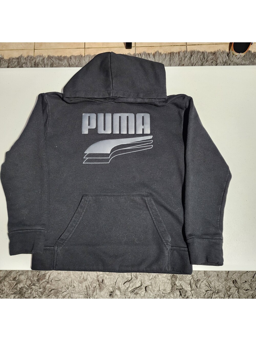 PUMA Boys M (10-12) Pullover Fleece Hoodie Black Logo Long Sleeve